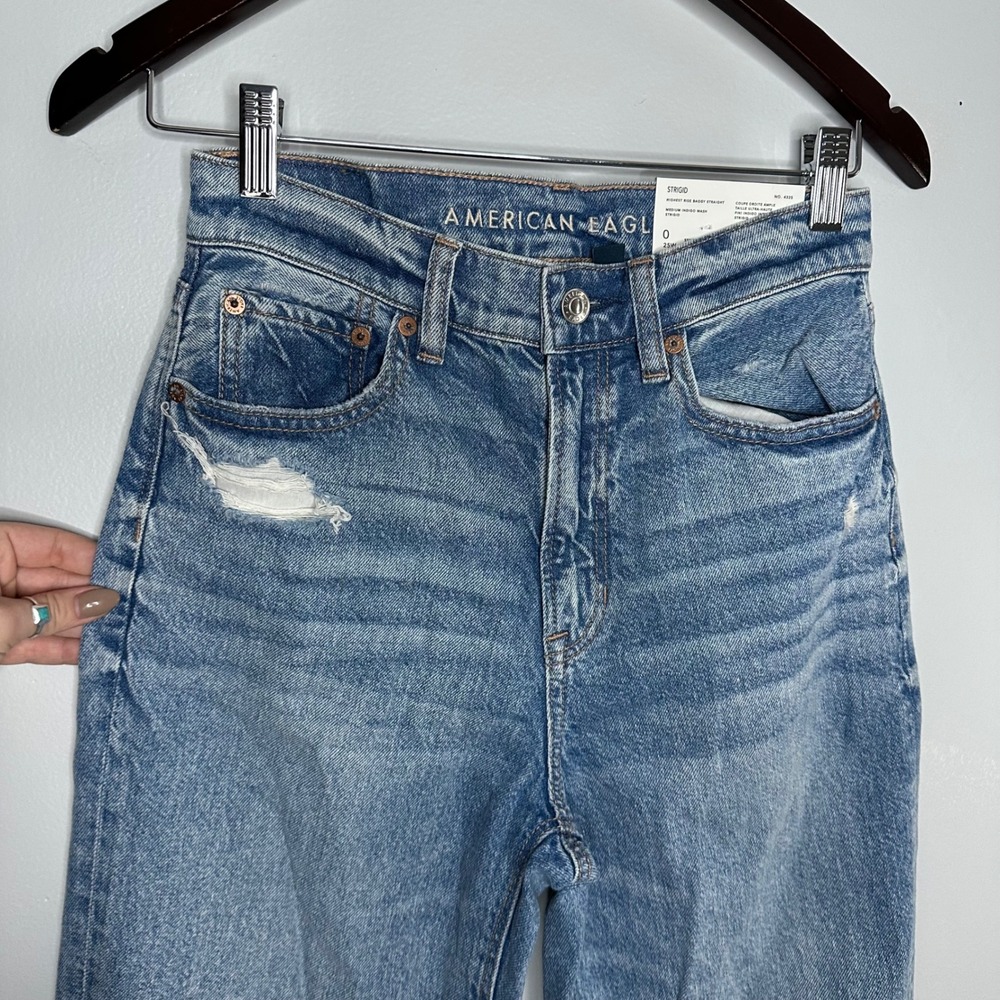 American Eagle‎ Highest Rise Baggy Straight Jeans Women 0 NWT Distressed Knee - Picture 4 of 9